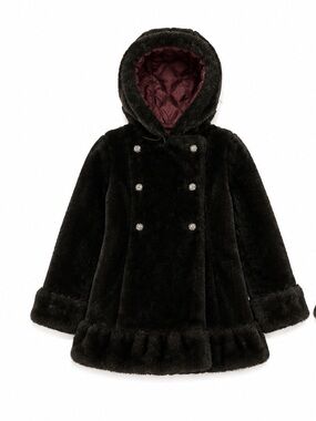 Vintage Faux Fur Hooded Coat in Dark Brown with Double Breasted Buttons